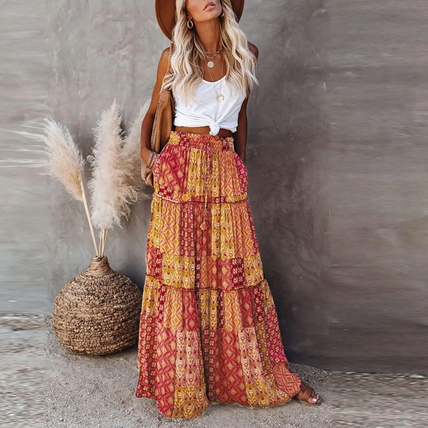 HAVUITYY Women's Bohemian Long Skirts Flowy High Waist A Line Summer Pleated Maxi Skirts for Women with Pockets Drawstring