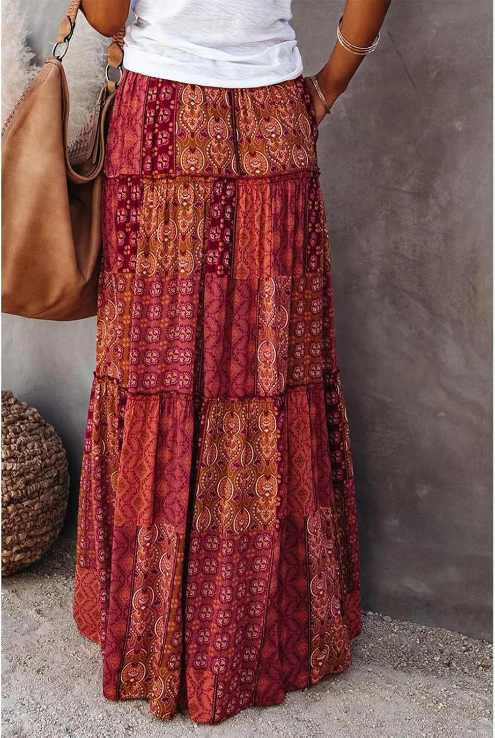 HAVUITYY Women's Bohemian Long Skirts Flowy High Waist A Line Summer Pleated Maxi Skirts for Women with Pockets Drawstring