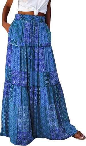 HAVUITYY Women's Bohemian Long Skirts Flowy High Waist A Line Summer Pleated Maxi Skirts for Women with Pockets Drawstring