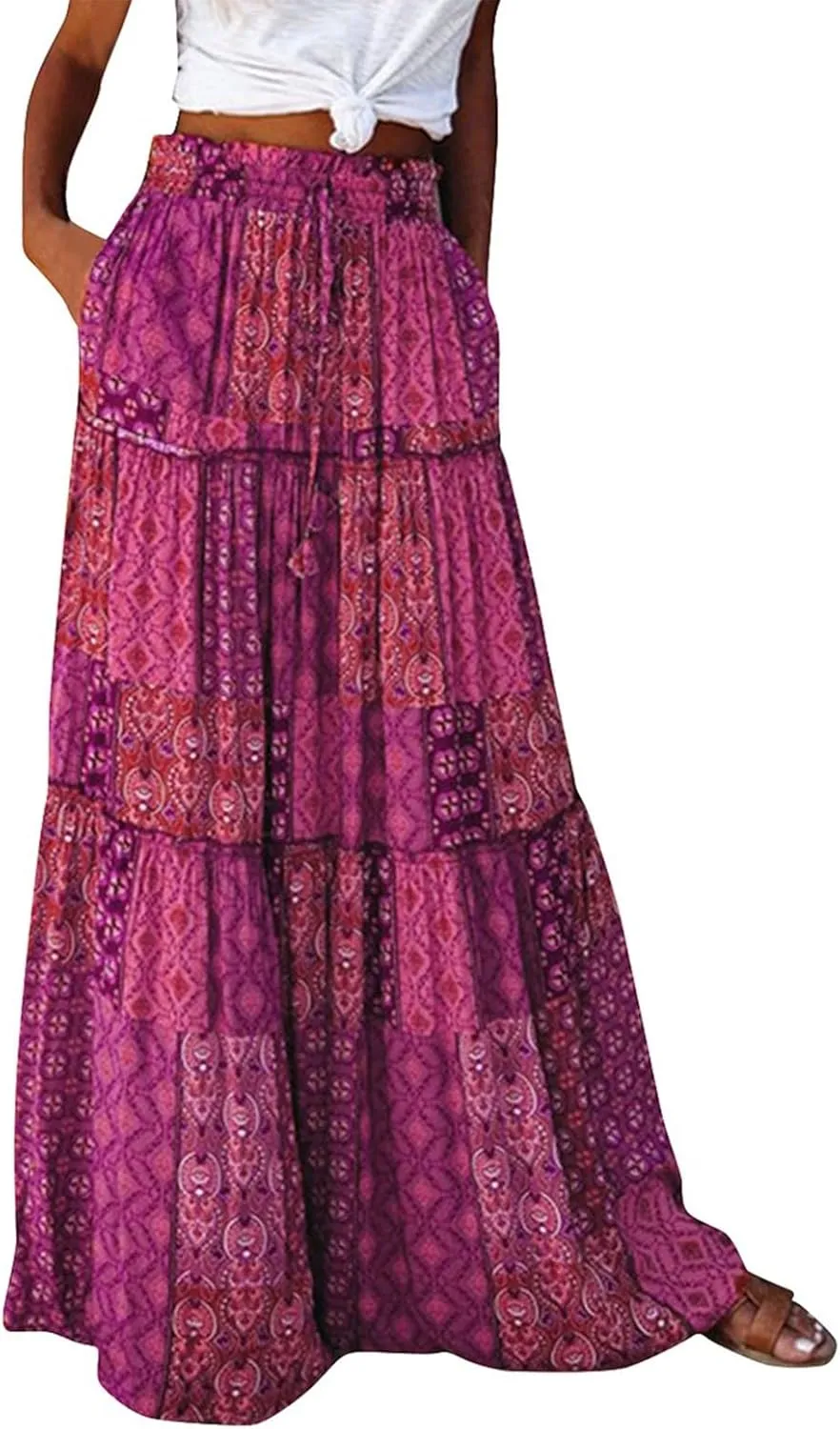 HAVUITYY Women's Bohemian Long Skirts Flowy High Waist A Line Summer Pleated Maxi Skirts for Women with Pockets Drawstring