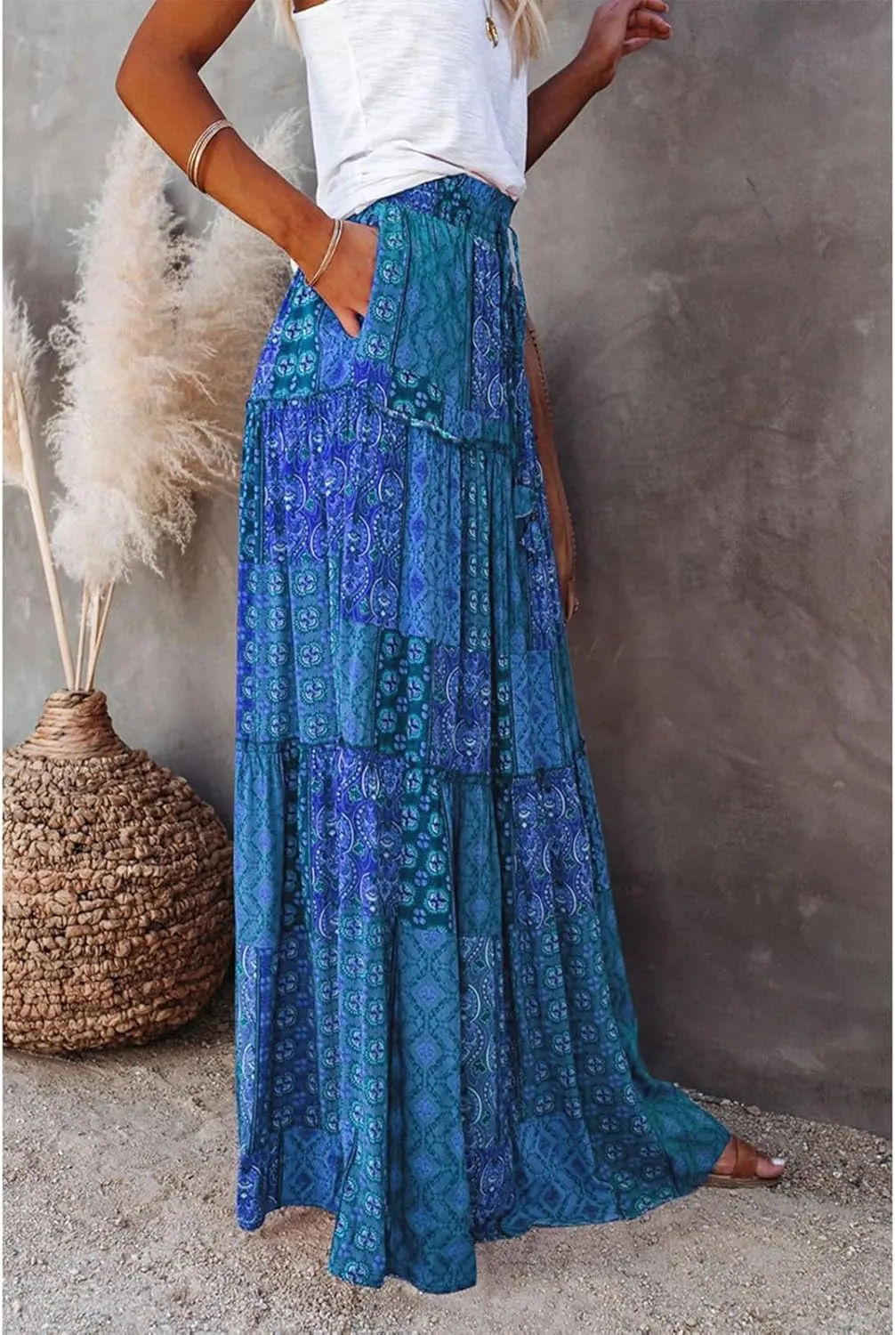 HAVUITYY Women's Bohemian Long Skirts Flowy High Waist A Line Summer Pleated Maxi Skirts for Women with Pockets Drawstring