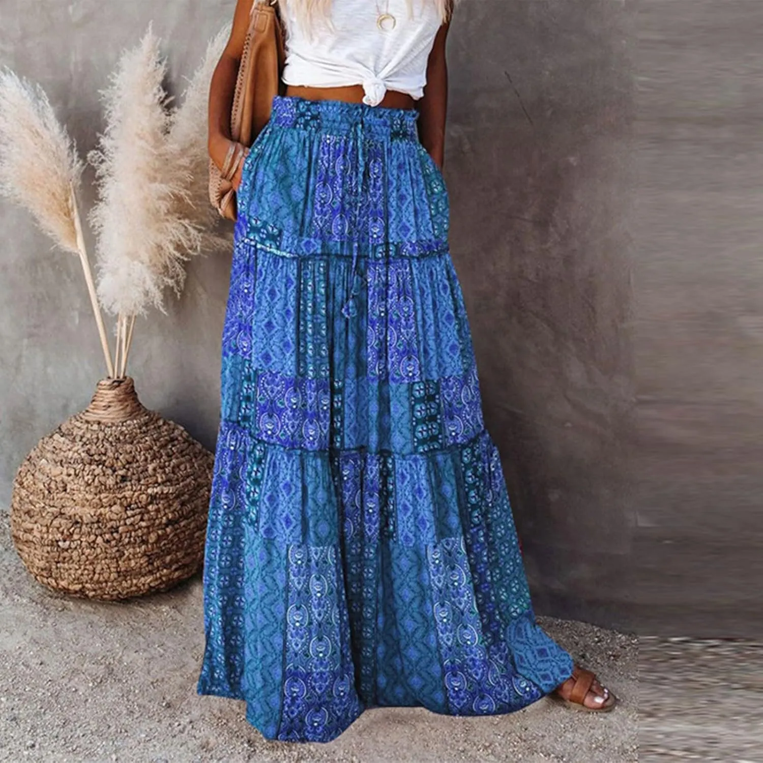 HAVUITYY Women's Bohemian Long Skirts Flowy High Waist A Line Summer Pleated Maxi Skirts for Women with Pockets Drawstring