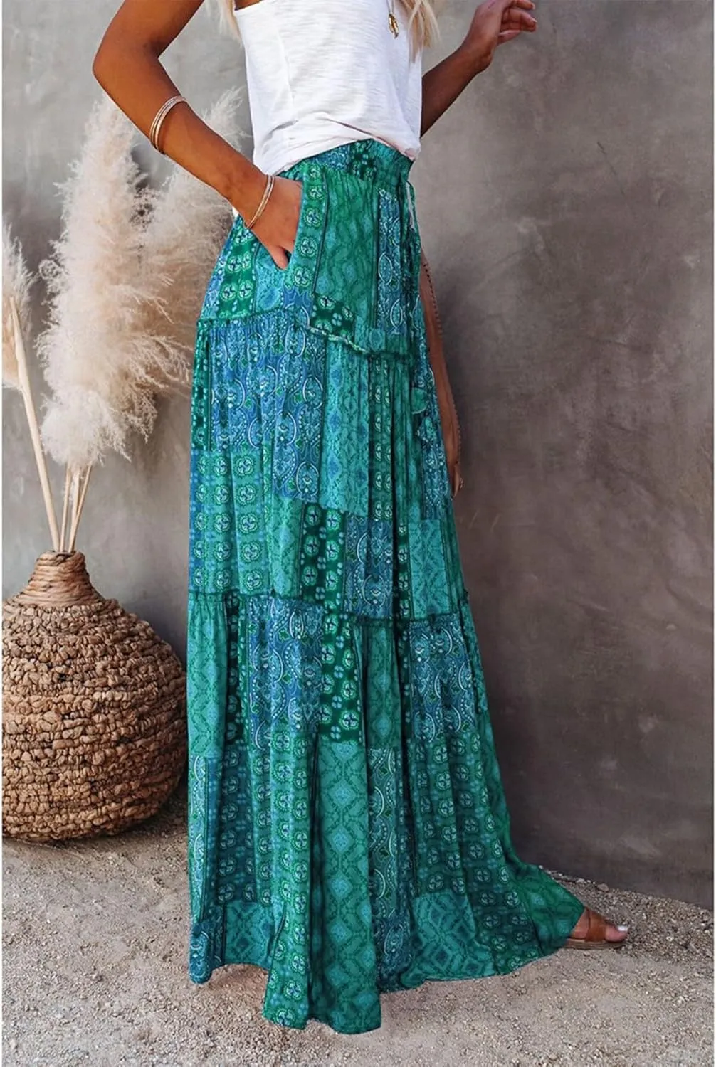 HAVUITYY Women's Bohemian Long Skirts Flowy High Waist A Line Summer Pleated Maxi Skirts for Women with Pockets Drawstring