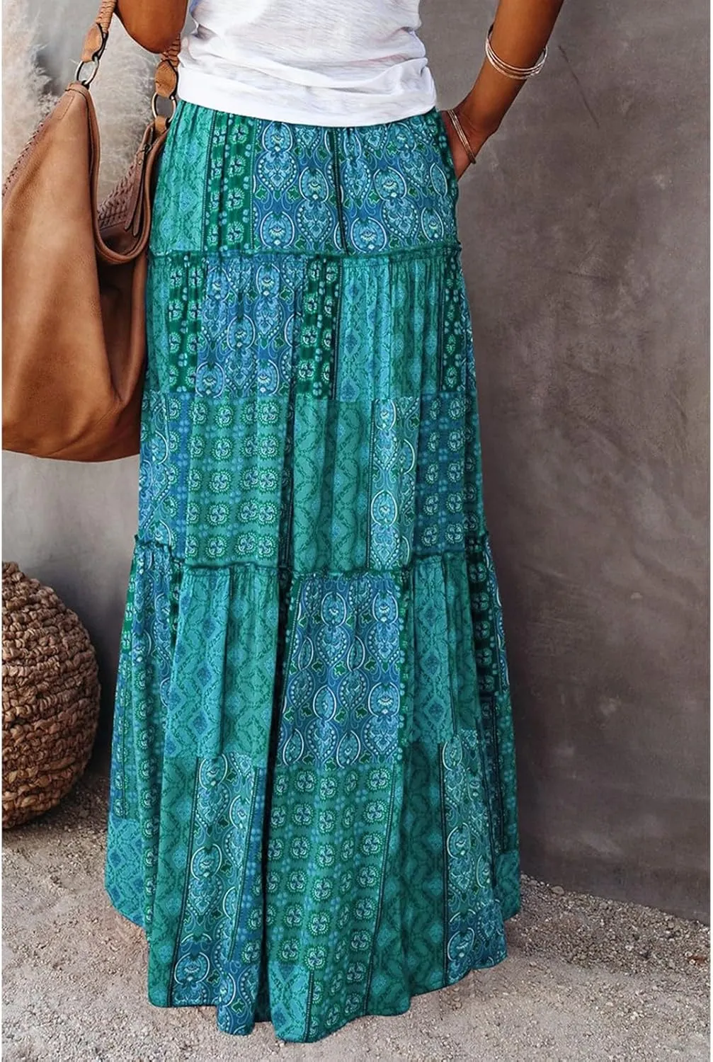 HAVUITYY Women's Bohemian Long Skirts Flowy High Waist A Line Summer Pleated Maxi Skirts for Women with Pockets Drawstring