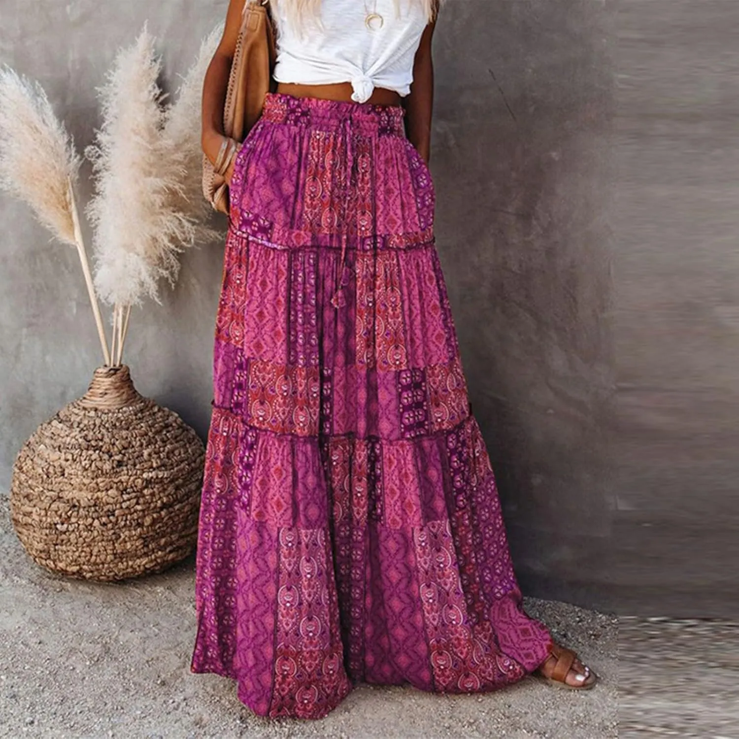 HAVUITYY Women's Bohemian Long Skirts Flowy High Waist A Line Summer Pleated Maxi Skirts for Women with Pockets Drawstring
