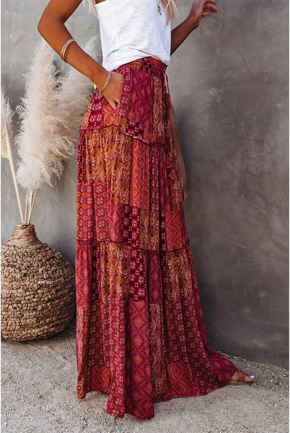 HAVUITYY Women's Bohemian Long Skirts Flowy High Waist A Line Summer Pleated Maxi Skirts for Women with Pockets Drawstring