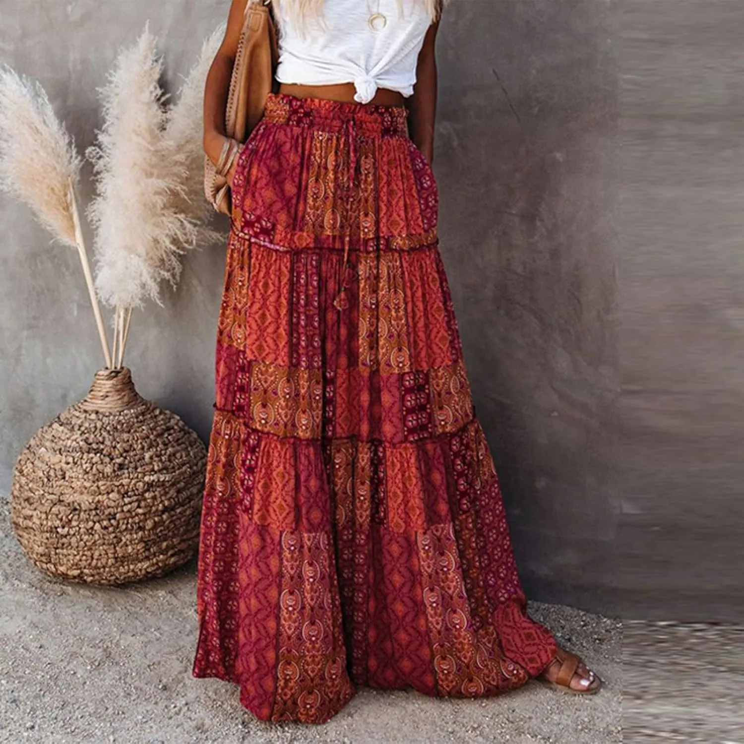 HAVUITYY Women's Bohemian Long Skirts Flowy High Waist A Line Summer Pleated Maxi Skirts for Women with Pockets Drawstring