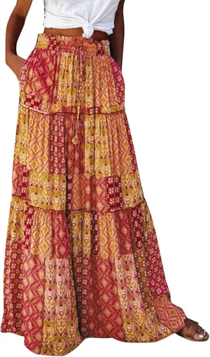 HAVUITYY Women's Bohemian Long Skirts Flowy High Waist A Line Summer Pleated Maxi Skirts for Women with Pockets Drawstring