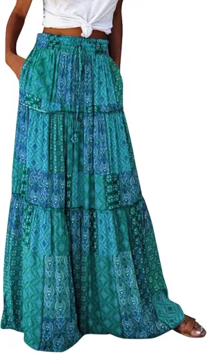 HAVUITYY Women's Bohemian Long Skirts Flowy High Waist A Line Summer Pleated Maxi Skirts for Women with Pockets Drawstring