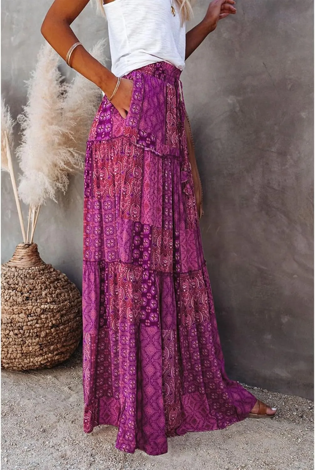 HAVUITYY Women's Bohemian Long Skirts Flowy High Waist A Line Summer Pleated Maxi Skirts for Women with Pockets Drawstring