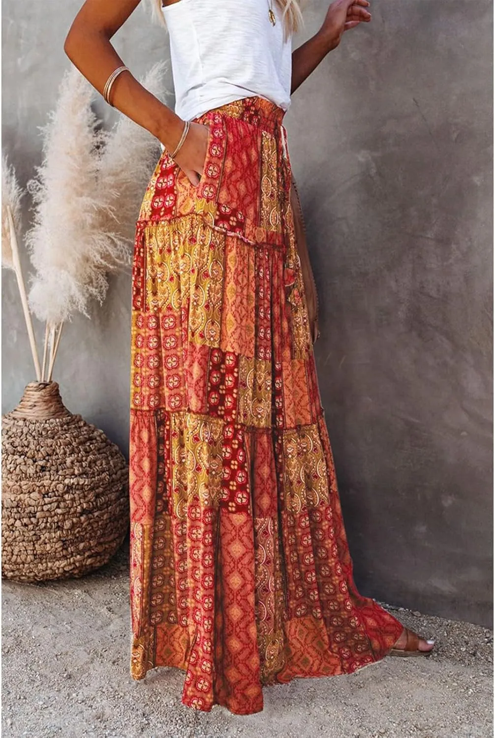 HAVUITYY Women's Bohemian Long Skirts Flowy High Waist A Line Summer Pleated Maxi Skirts for Women with Pockets Drawstring