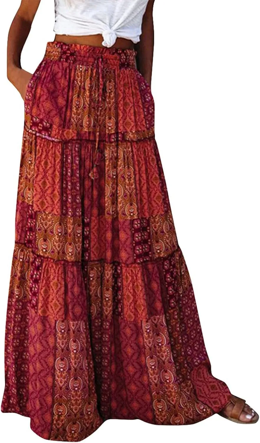 HAVUITYY Women's Bohemian Long Skirts Flowy High Waist A Line Summer Pleated Maxi Skirts for Women with Pockets Drawstring