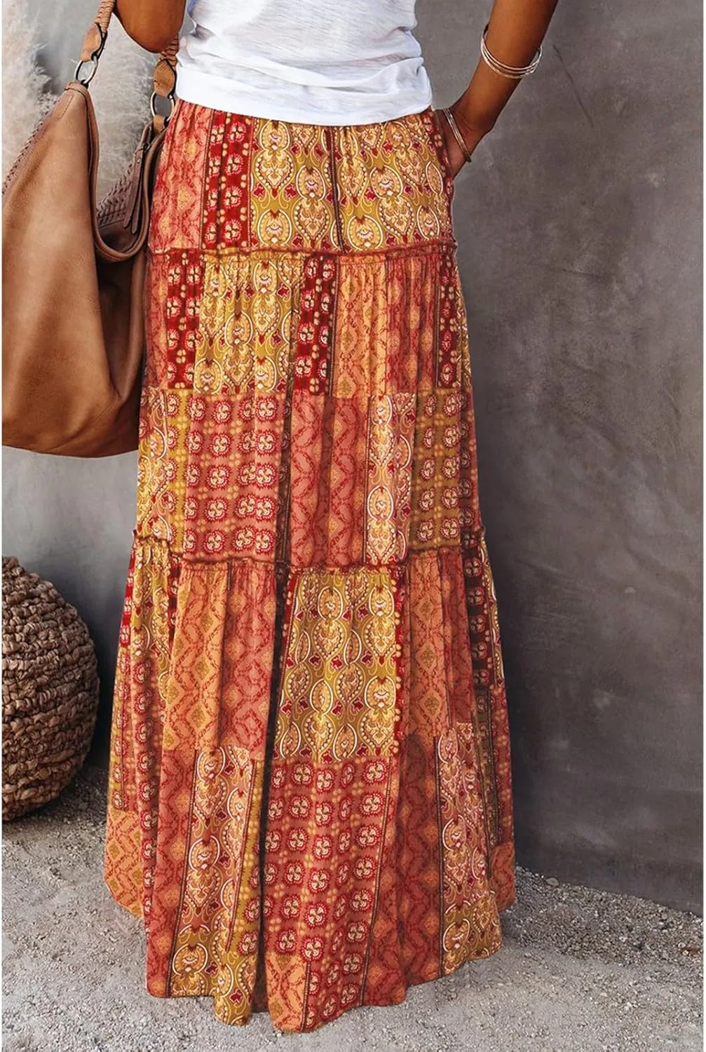 HAVUITYY Women's Bohemian Long Skirts Flowy High Waist A Line Summer Pleated Maxi Skirts for Women with Pockets Drawstring