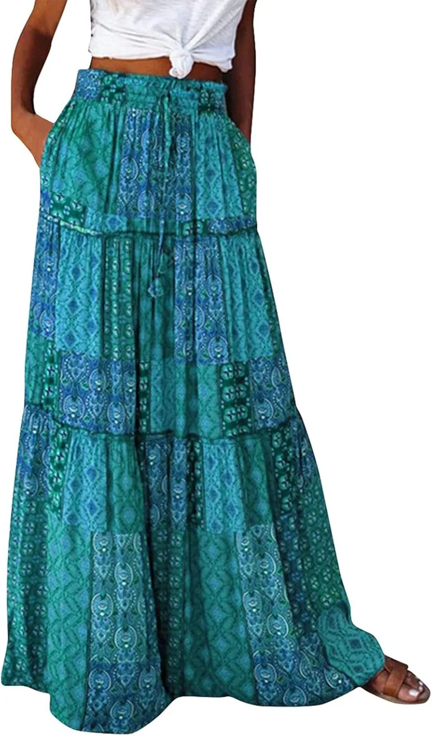 HAVUITYY Women's Bohemian Long Skirts Flowy High Waist A Line Summer Pleated Maxi Skirts for Women with Pockets Drawstring
