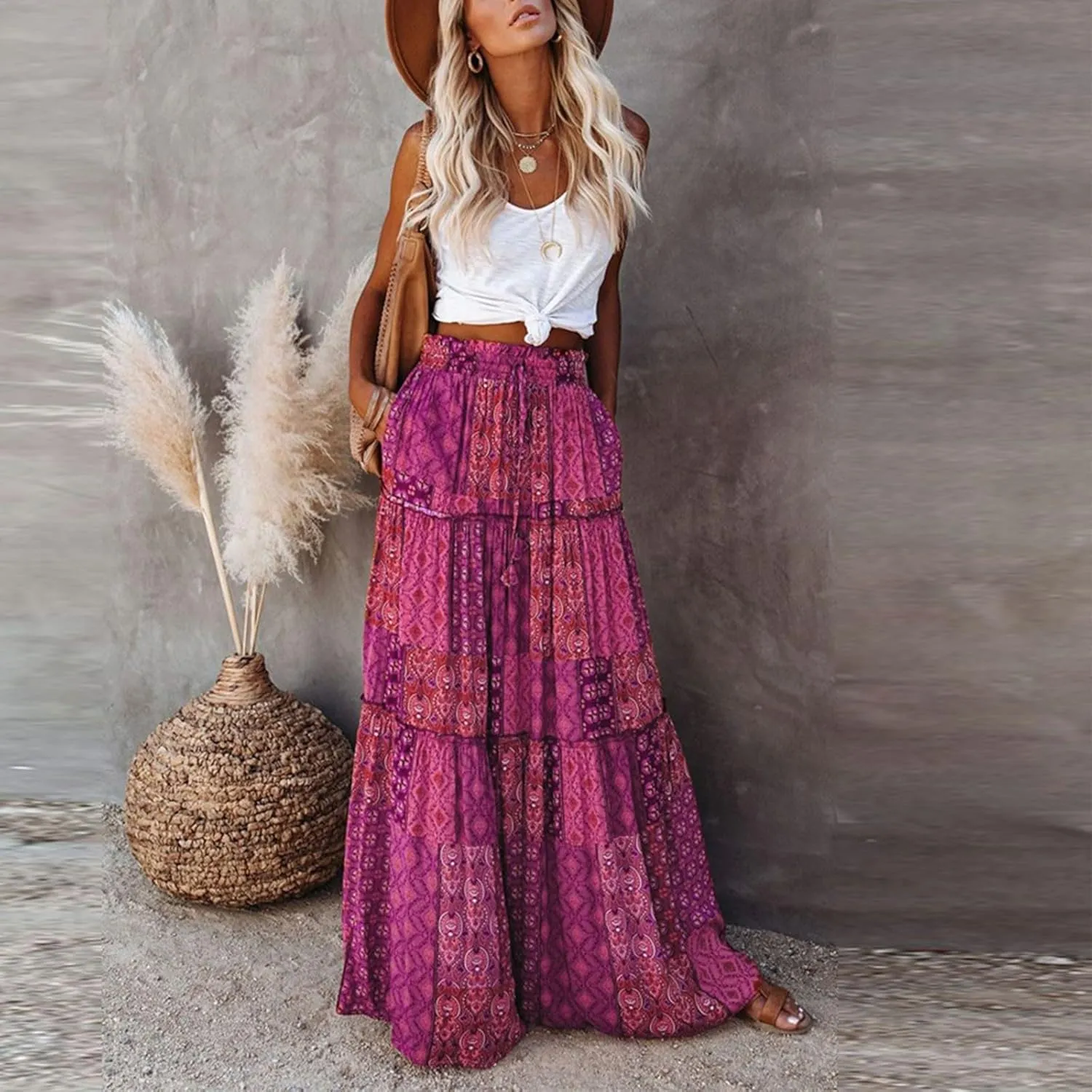HAVUITYY Women's Bohemian Long Skirts Flowy High Waist A Line Summer Pleated Maxi Skirts for Women with Pockets Drawstring