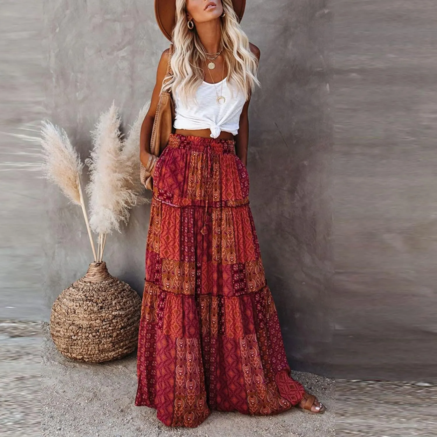 HAVUITYY Women's Bohemian Long Skirts Flowy High Waist A Line Summer Pleated Maxi Skirts for Women with Pockets Drawstring