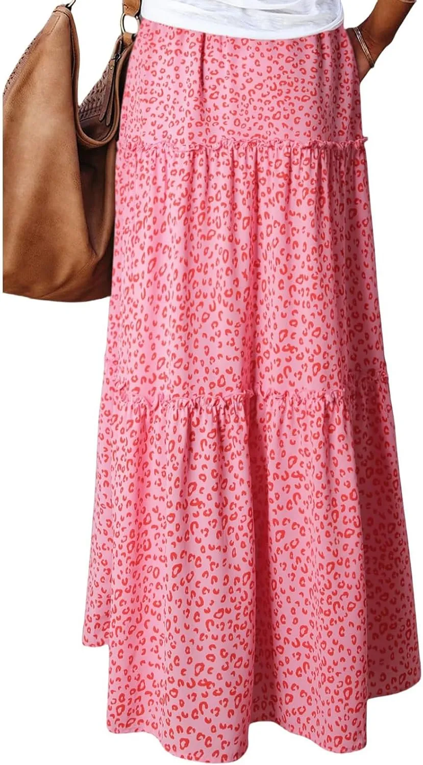 HAVUITYY Women's Bohemian Long Skirts Flowy High Waist A Line Summer Pleated Maxi Skirts for Women with Pockets Drawstring