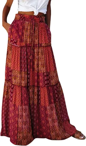 HAVUITYY Women's Bohemian Long Skirts Flowy High Waist A Line Summer Pleated Maxi Skirts for Women with Pockets Drawstring