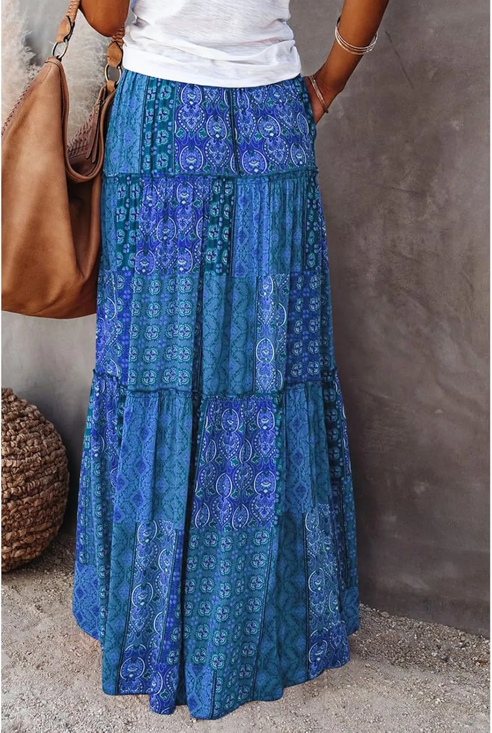 HAVUITYY Women's Bohemian Long Skirts Flowy High Waist A Line Summer Pleated Maxi Skirts for Women with Pockets Drawstring