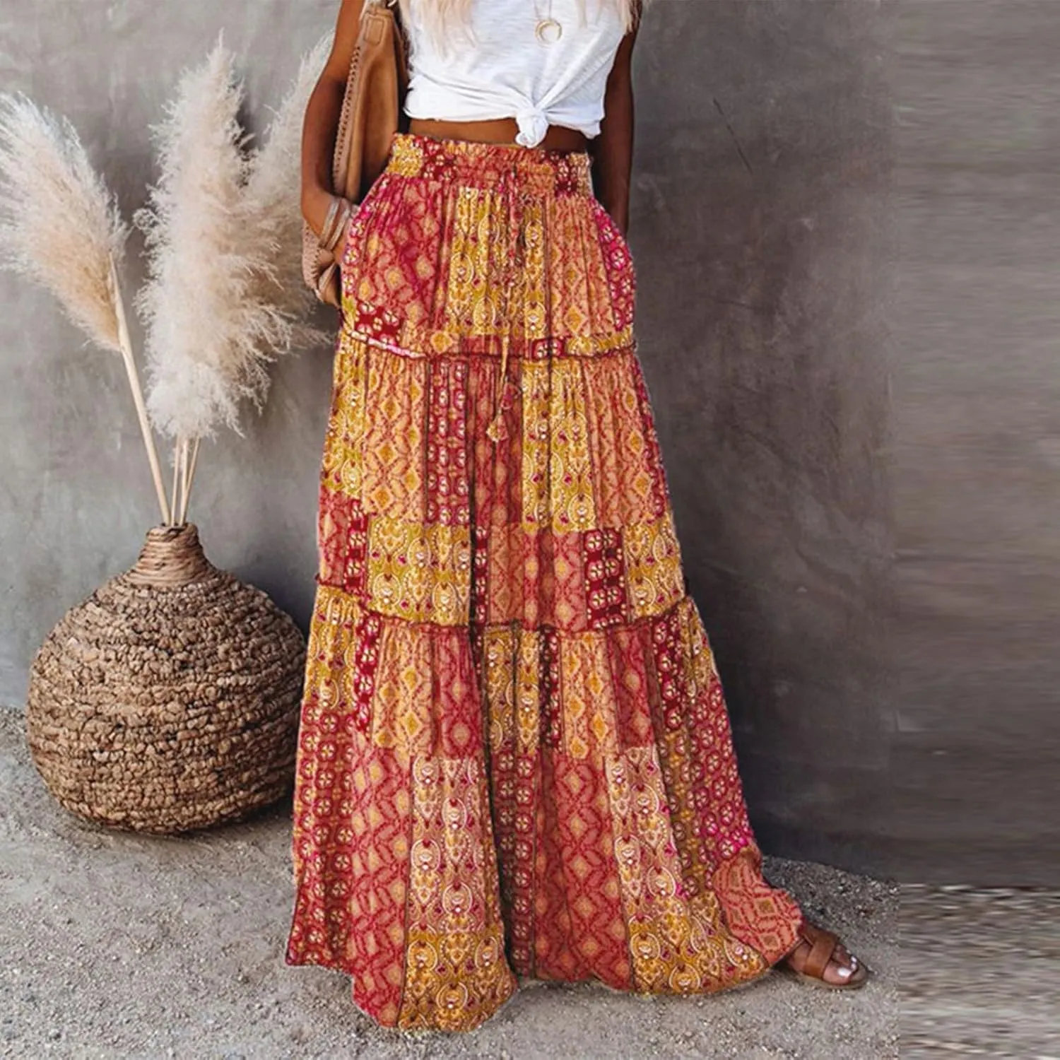 HAVUITYY Women's Bohemian Long Skirts Flowy High Waist A Line Summer Pleated Maxi Skirts for Women with Pockets Drawstring