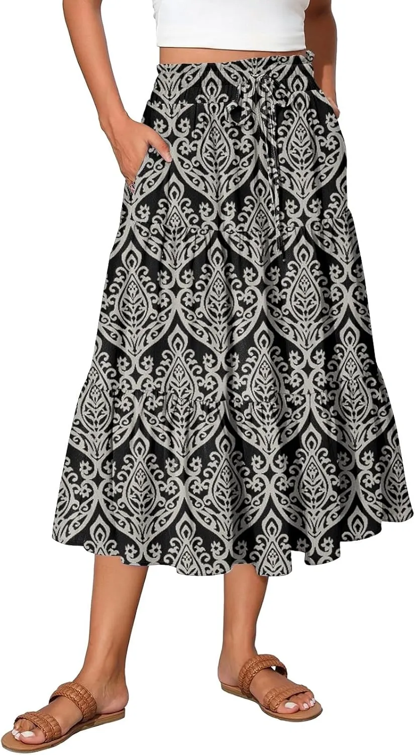 HAVUITYY Women's Ditzy Floral Print Midi Skirt Summer Casual Pockets Elastic High Waist Drawstring Flowy Trendy Long Skirts