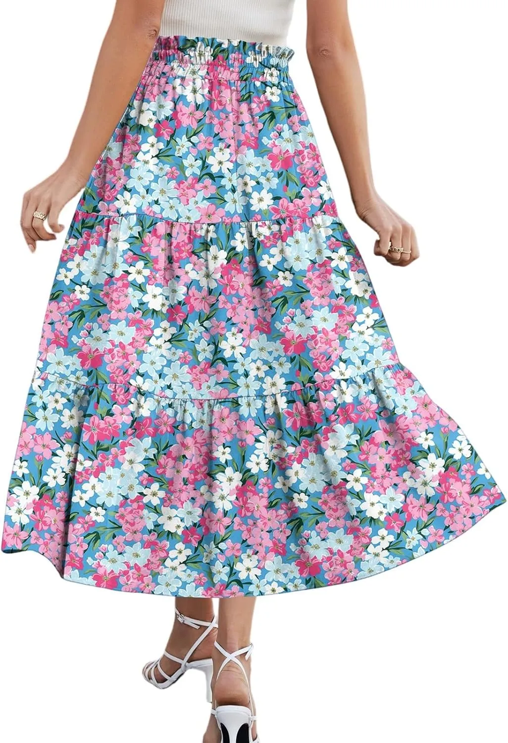 HAVUITYY Women's Ditzy Floral Print Midi Skirt Summer Casual Pockets Elastic High Waist Drawstring Flowy Trendy Long Skirts