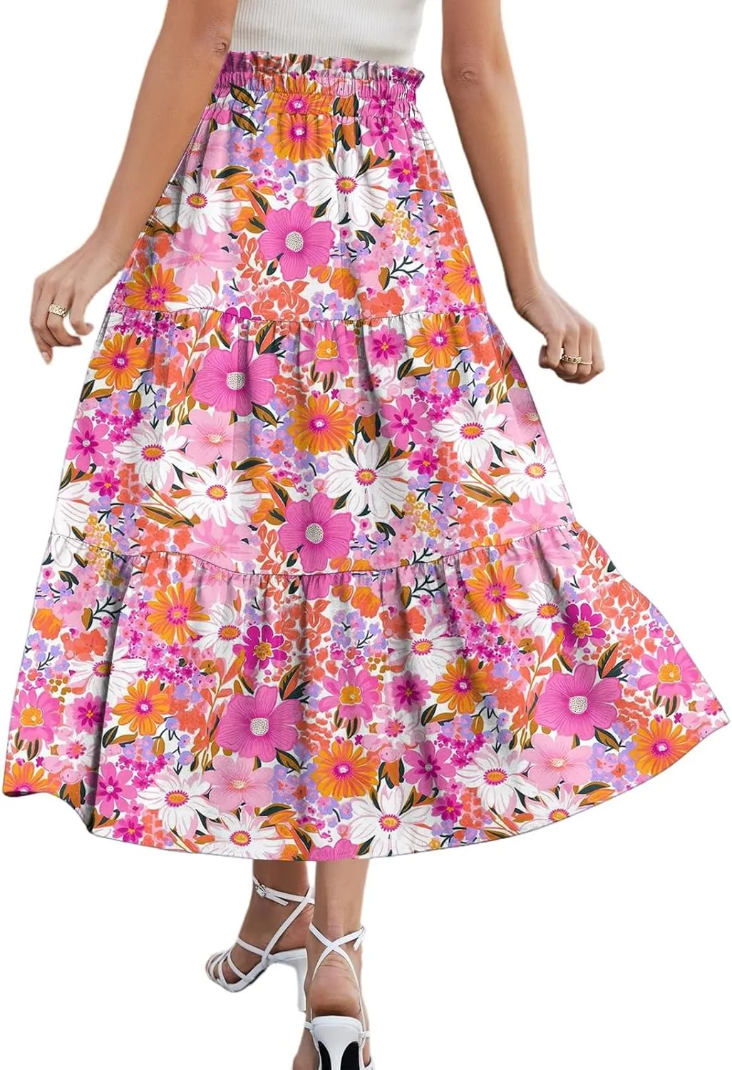 HAVUITYY Women's Ditzy Floral Print Midi Skirt Summer Casual Pockets Elastic High Waist Drawstring Flowy Trendy Long Skirts