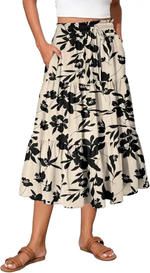 HAVUITYY Women's Ditzy Floral Print Midi Skirt Summer Casual Pockets Elastic High Waist Drawstring Flowy Trendy Long Skirts