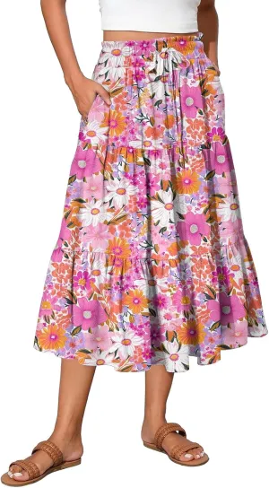 HAVUITYY Women's Ditzy Floral Print Midi Skirt Summer Casual Pockets Elastic High Waist Drawstring Flowy Trendy Long Skirts