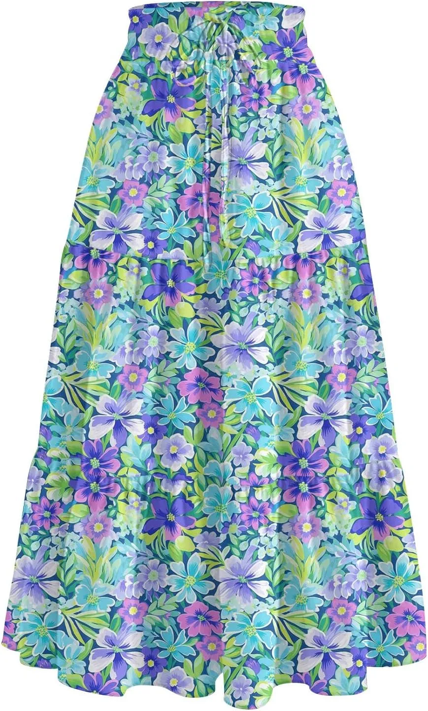 HAVUITYY Women's Ditzy Floral Print Midi Skirt Summer Casual Pockets Elastic High Waist Drawstring Flowy Trendy Long Skirts