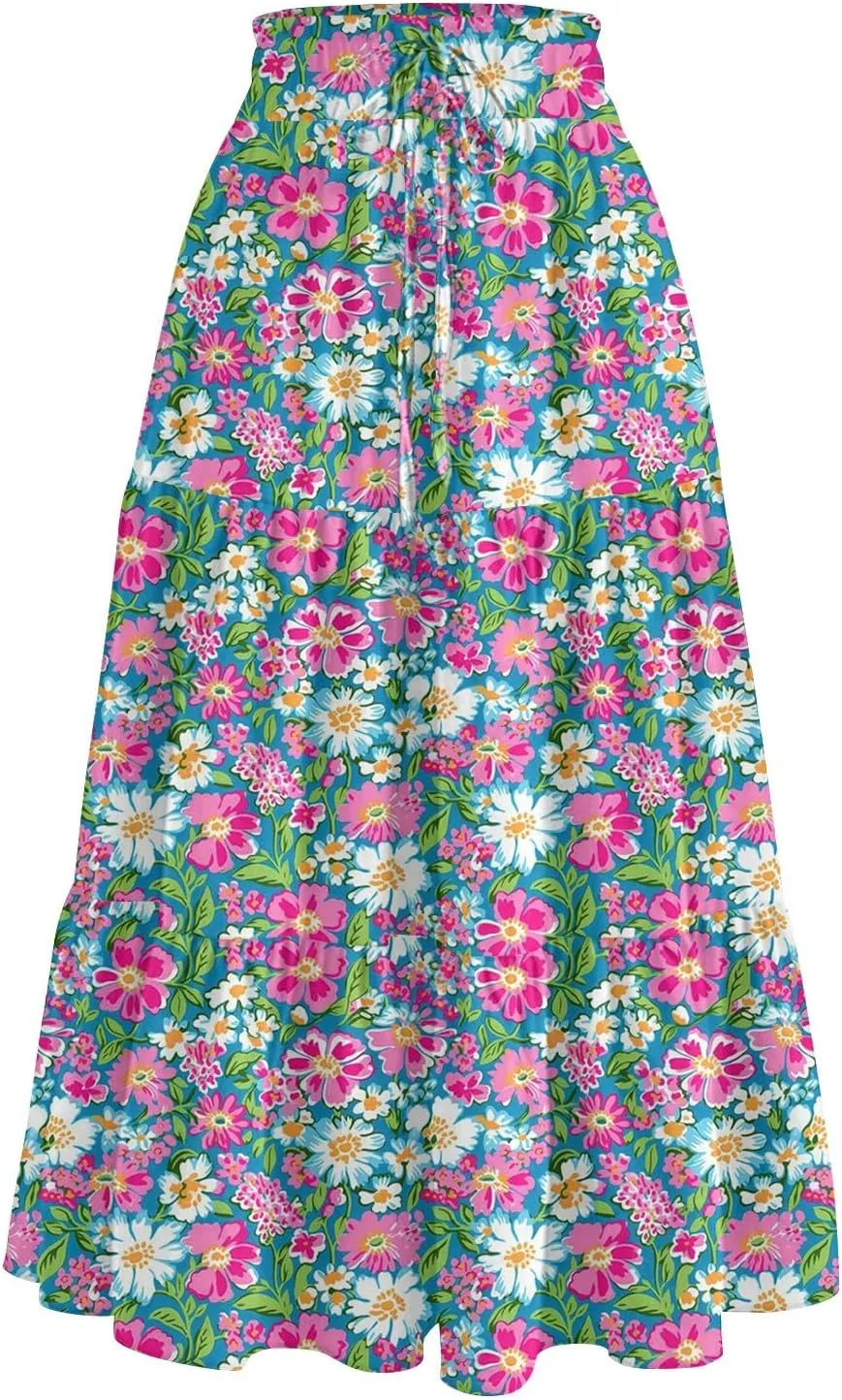 HAVUITYY Women's Ditzy Floral Print Midi Skirt Summer Casual Pockets Elastic High Waist Drawstring Flowy Trendy Long Skirts