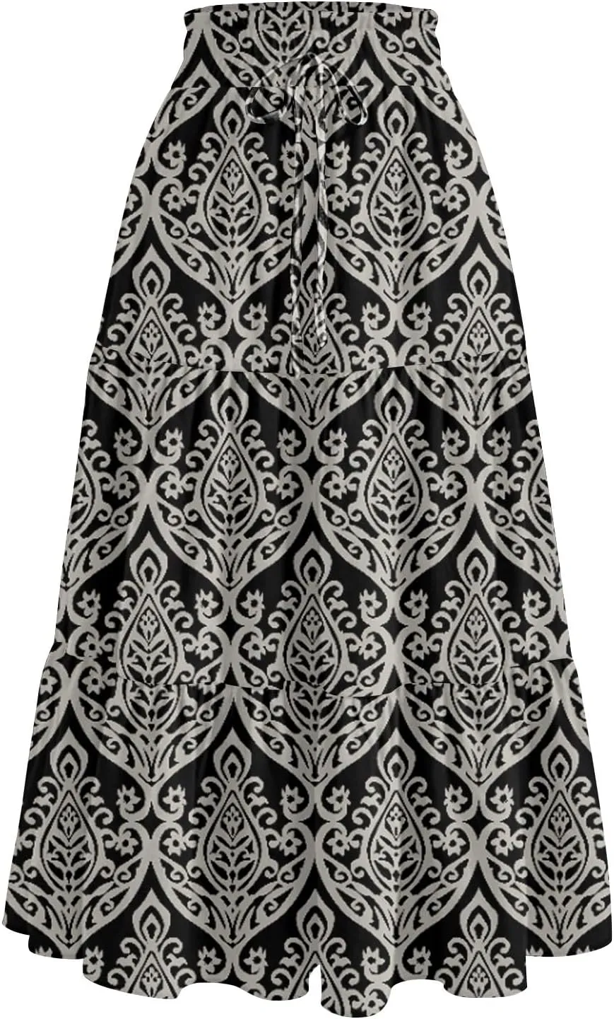 HAVUITYY Women's Ditzy Floral Print Midi Skirt Summer Casual Pockets Elastic High Waist Drawstring Flowy Trendy Long Skirts