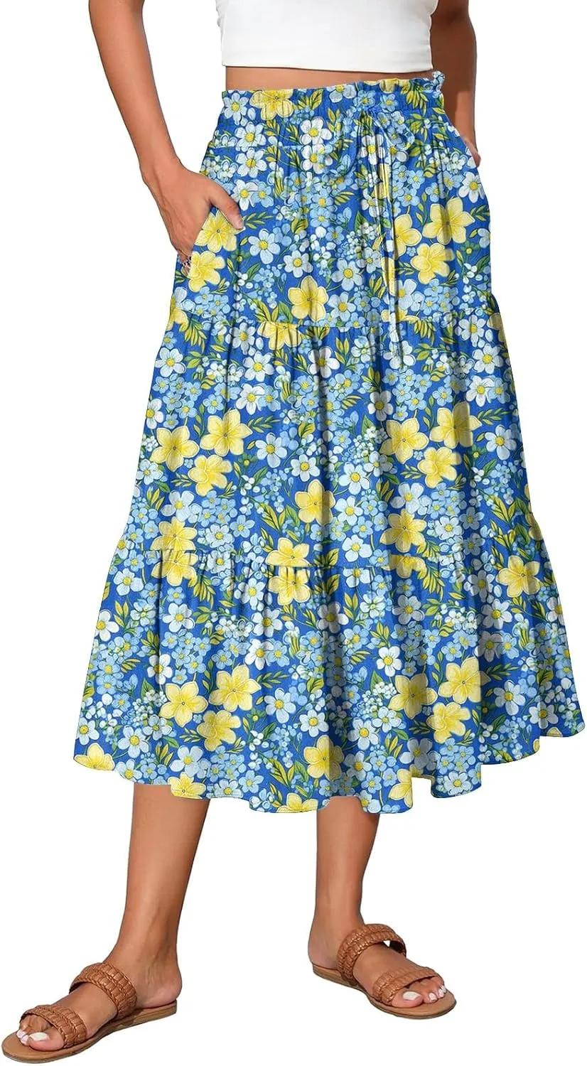 HAVUITYY Women's Ditzy Floral Print Midi Skirt Summer Casual Pockets Elastic High Waist Drawstring Flowy Trendy Long Skirts