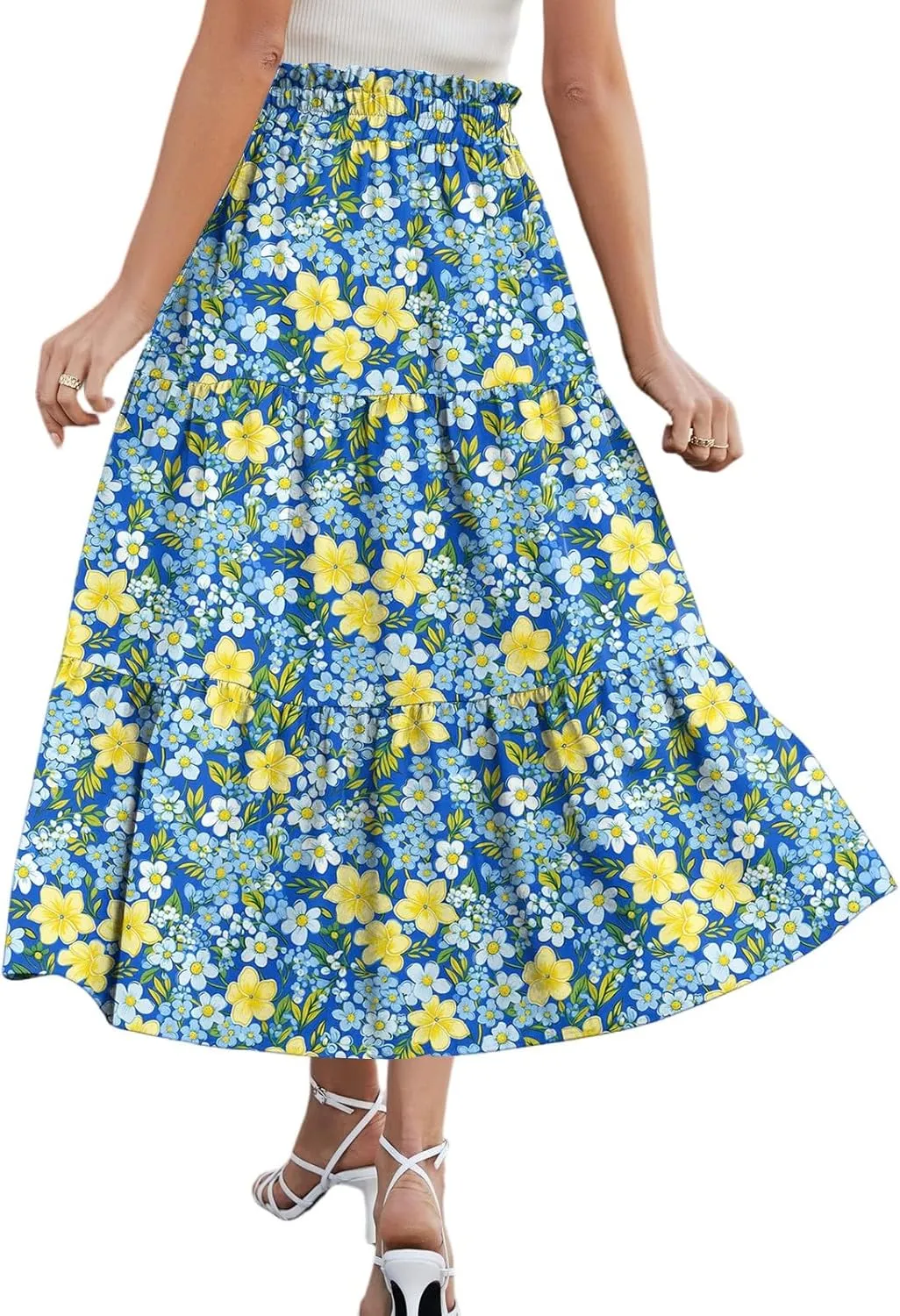 HAVUITYY Women's Ditzy Floral Print Midi Skirt Summer Casual Pockets Elastic High Waist Drawstring Flowy Trendy Long Skirts