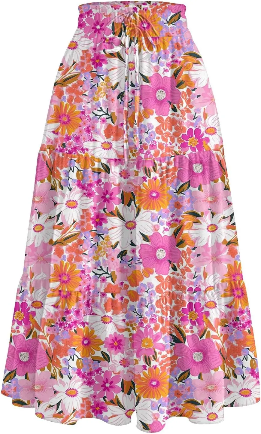 HAVUITYY Women's Ditzy Floral Print Midi Skirt Summer Casual Pockets Elastic High Waist Drawstring Flowy Trendy Long Skirts