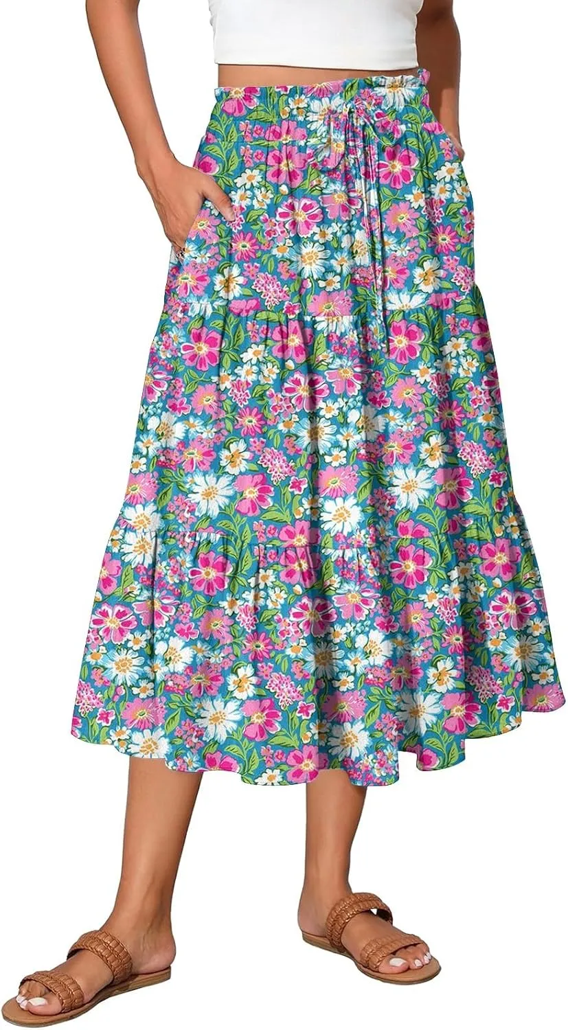 HAVUITYY Women's Ditzy Floral Print Midi Skirt Summer Casual Pockets Elastic High Waist Drawstring Flowy Trendy Long Skirts
