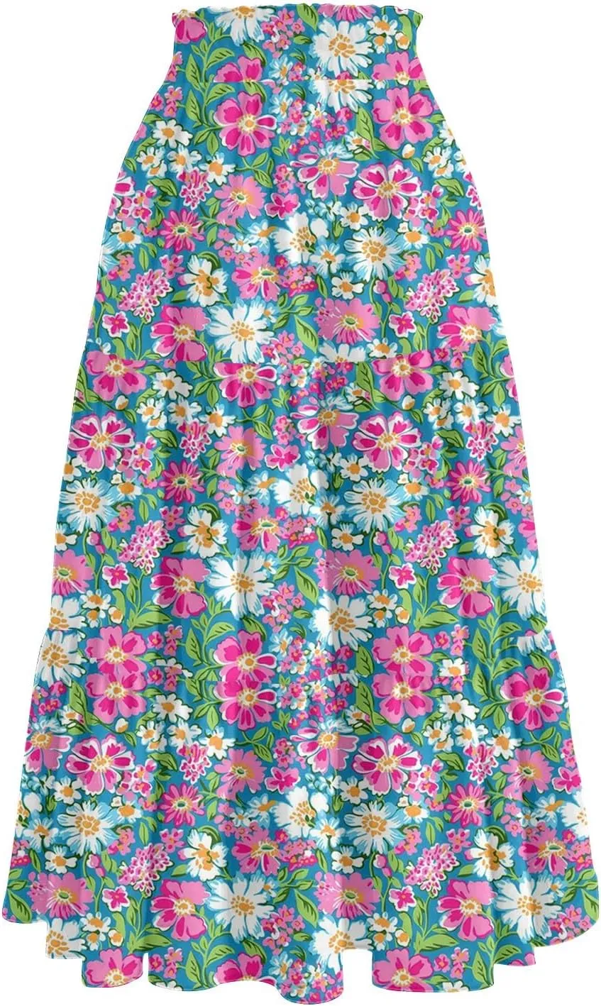 HAVUITYY Women's Ditzy Floral Print Midi Skirt Summer Casual Pockets Elastic High Waist Drawstring Flowy Trendy Long Skirts