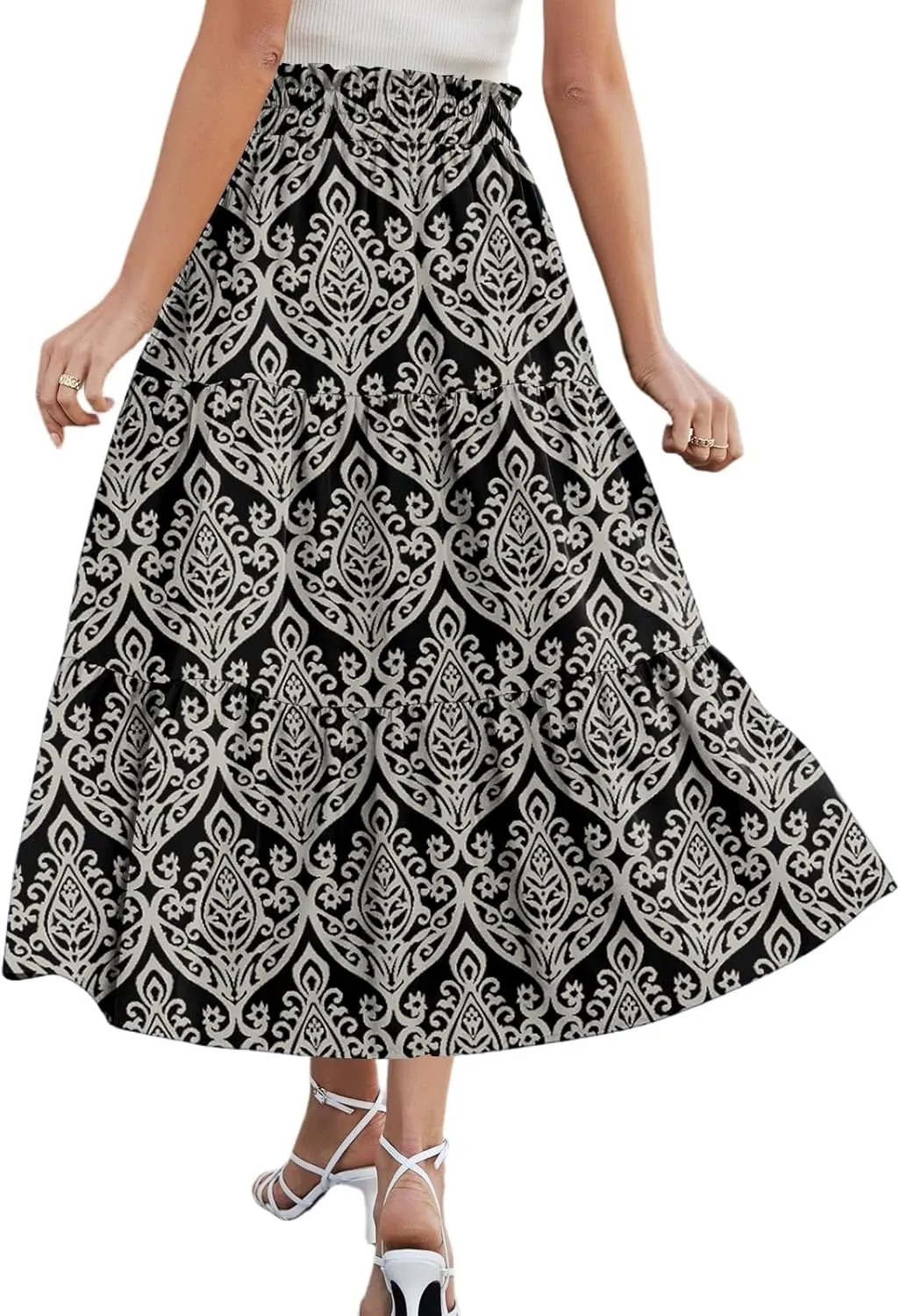 HAVUITYY Women's Ditzy Floral Print Midi Skirt Summer Casual Pockets Elastic High Waist Drawstring Flowy Trendy Long Skirts