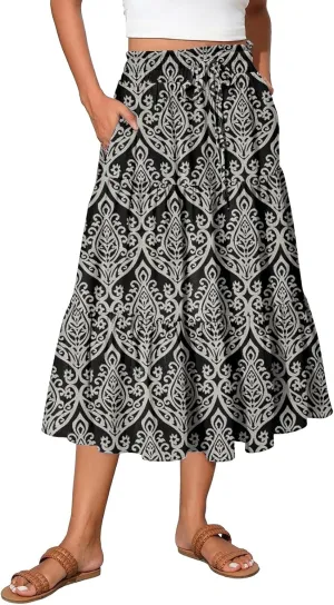 HAVUITYY Women's Ditzy Floral Print Midi Skirt Summer Casual Pockets Elastic High Waist Drawstring Flowy Trendy Long Skirts