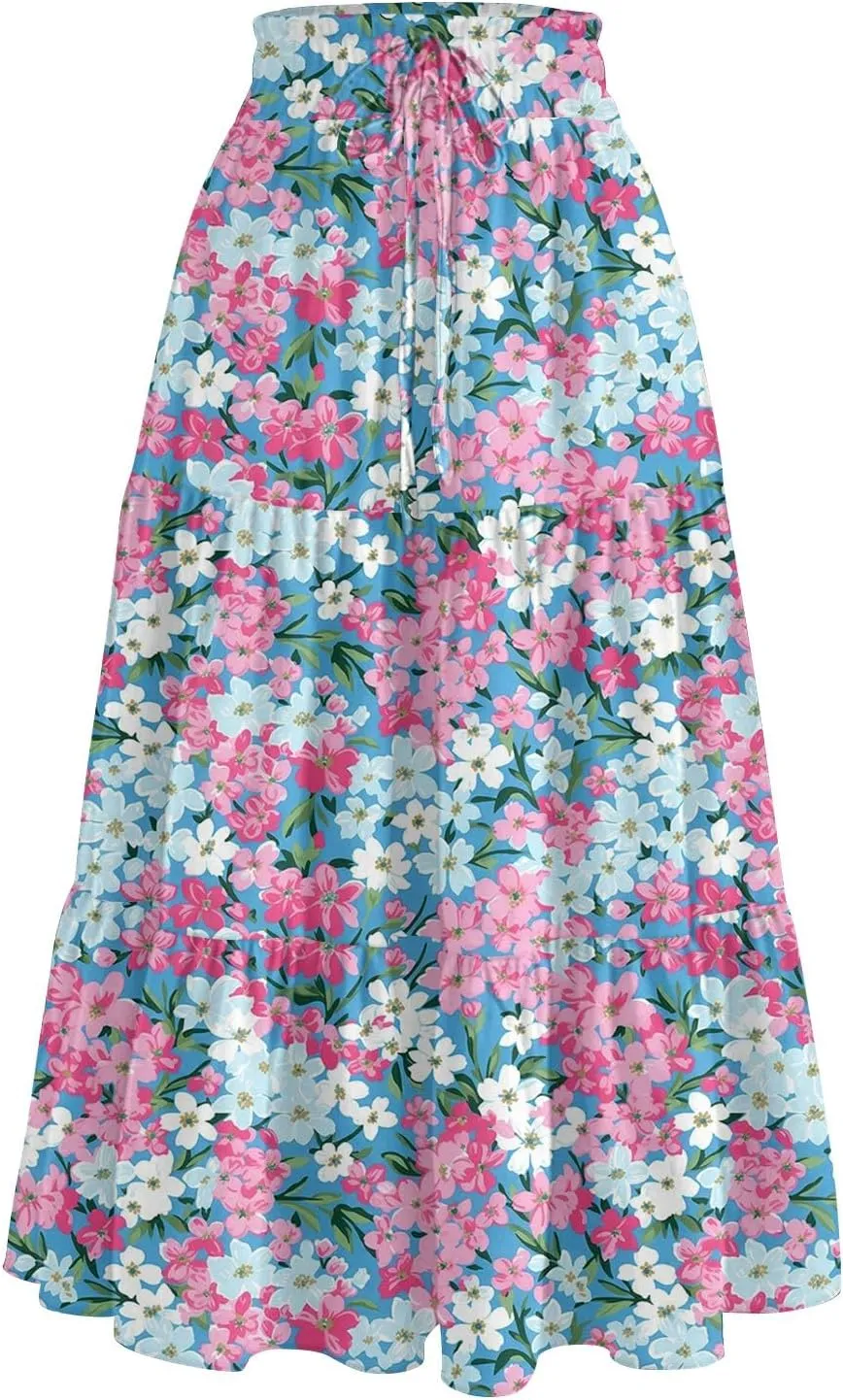 HAVUITYY Women's Ditzy Floral Print Midi Skirt Summer Casual Pockets Elastic High Waist Drawstring Flowy Trendy Long Skirts
