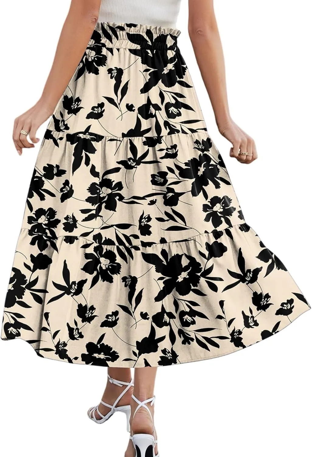 HAVUITYY Women's Ditzy Floral Print Midi Skirt Summer Casual Pockets Elastic High Waist Drawstring Flowy Trendy Long Skirts