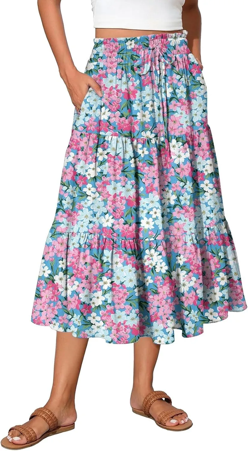 HAVUITYY Women's Ditzy Floral Print Midi Skirt Summer Casual Pockets Elastic High Waist Drawstring Flowy Trendy Long Skirts