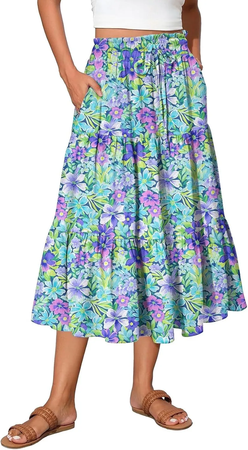 HAVUITYY Women's Ditzy Floral Print Midi Skirt Summer Casual Pockets Elastic High Waist Drawstring Flowy Trendy Long Skirts
