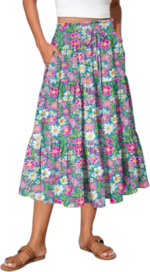 HAVUITYY Women's Ditzy Floral Print Midi Skirt Summer Casual Pockets Elastic High Waist Drawstring Flowy Trendy Long Skirts