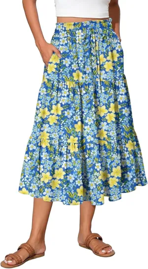 HAVUITYY Women's Ditzy Floral Print Midi Skirt Summer Casual Pockets Elastic High Waist Drawstring Flowy Trendy Long Skirts