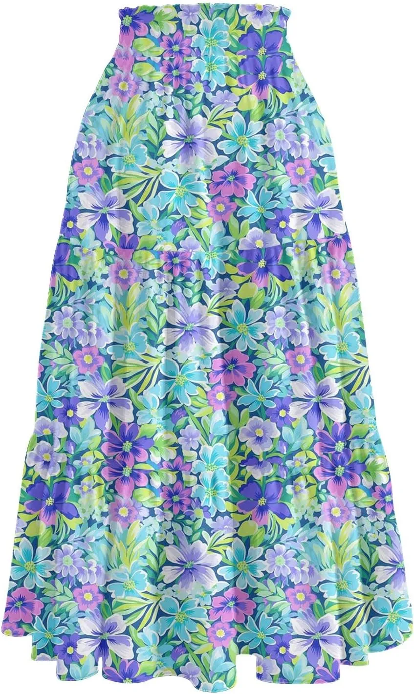 HAVUITYY Women's Ditzy Floral Print Midi Skirt Summer Casual Pockets Elastic High Waist Drawstring Flowy Trendy Long Skirts
