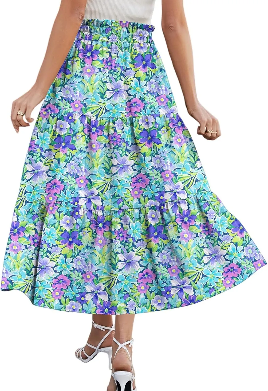 HAVUITYY Women's Ditzy Floral Print Midi Skirt Summer Casual Pockets Elastic High Waist Drawstring Flowy Trendy Long Skirts