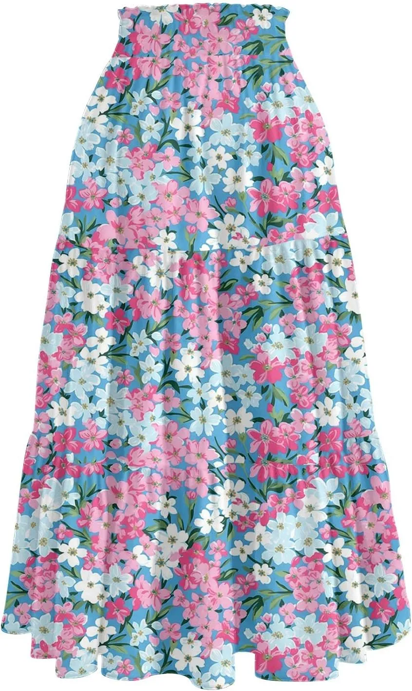 HAVUITYY Women's Ditzy Floral Print Midi Skirt Summer Casual Pockets Elastic High Waist Drawstring Flowy Trendy Long Skirts