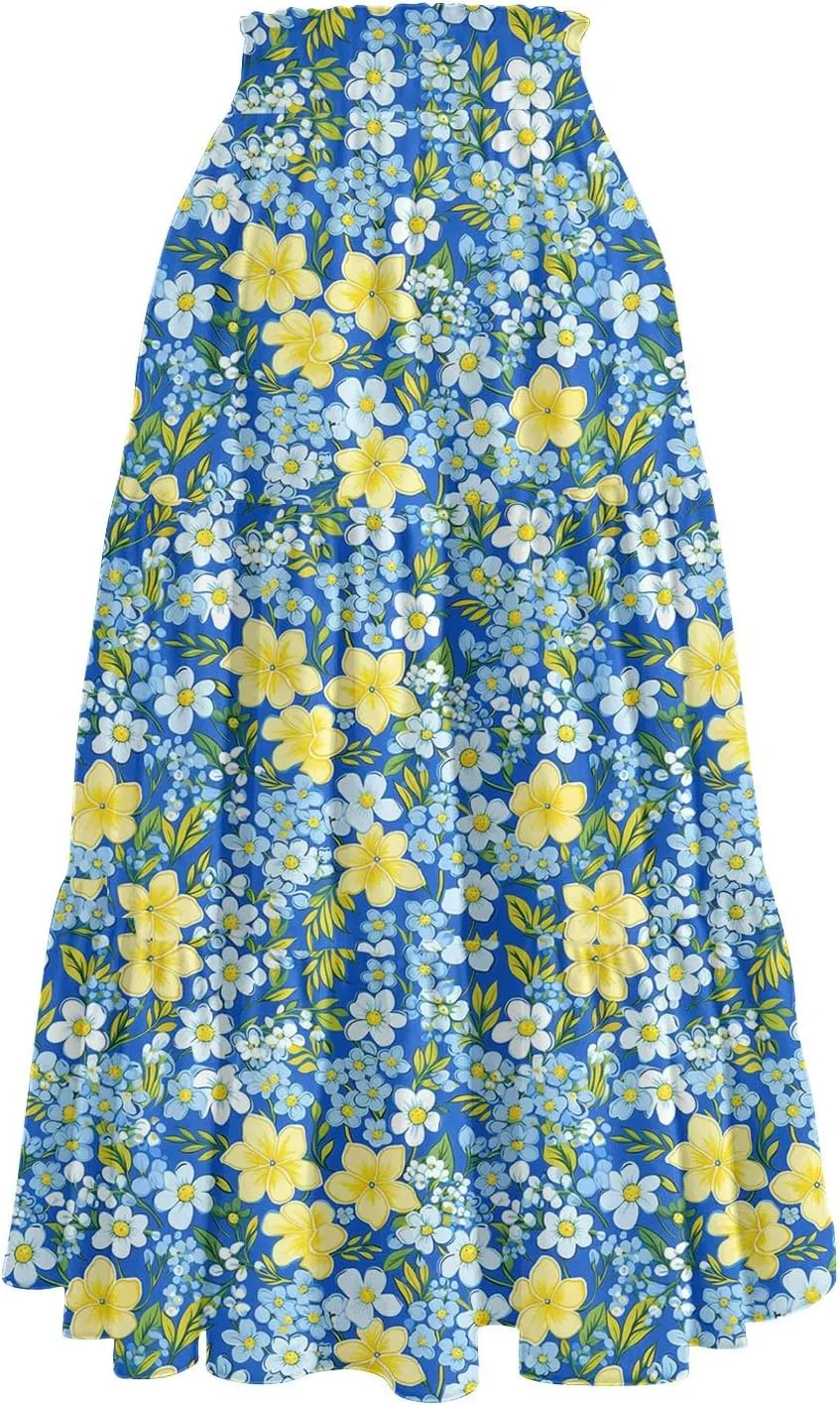 HAVUITYY Women's Ditzy Floral Print Midi Skirt Summer Casual Pockets Elastic High Waist Drawstring Flowy Trendy Long Skirts