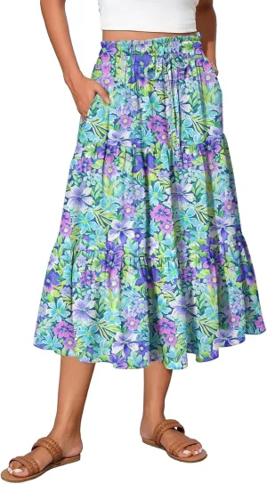 HAVUITYY Women's Ditzy Floral Print Midi Skirt Summer Casual Pockets Elastic High Waist Drawstring Flowy Trendy Long Skirts